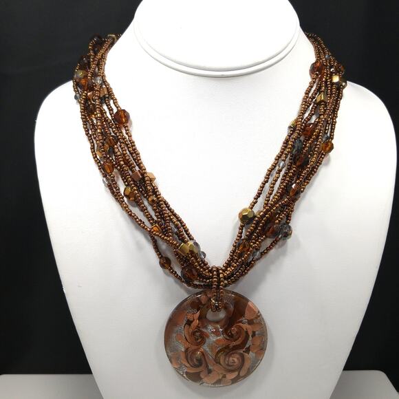 Murano Glass Pendant Beaded Necklace, Bronze Copper Glass, Seed Beads - Picture 3 of 10